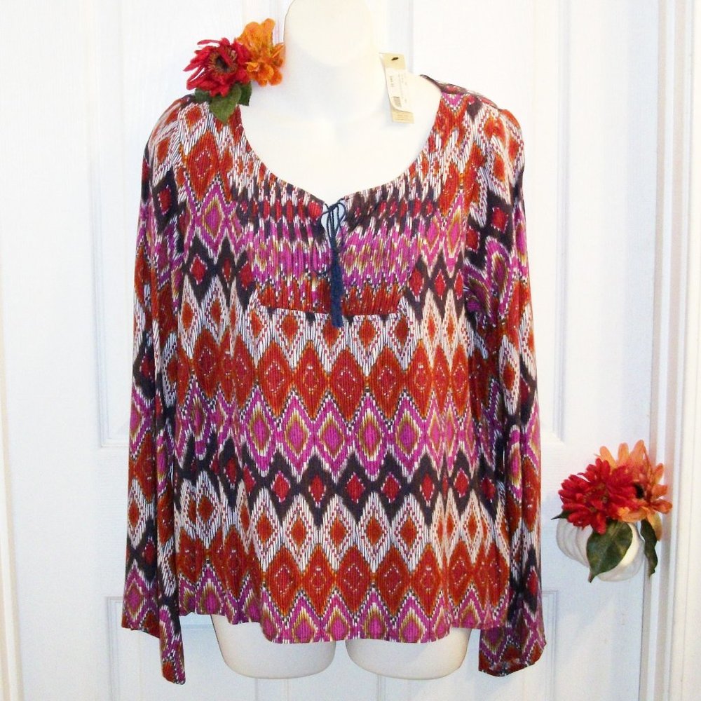 ARIAT Sz S NWT "Sophia" Blouse Chevron Long Bell Sleeve Top Blue Tassel Tie Neck